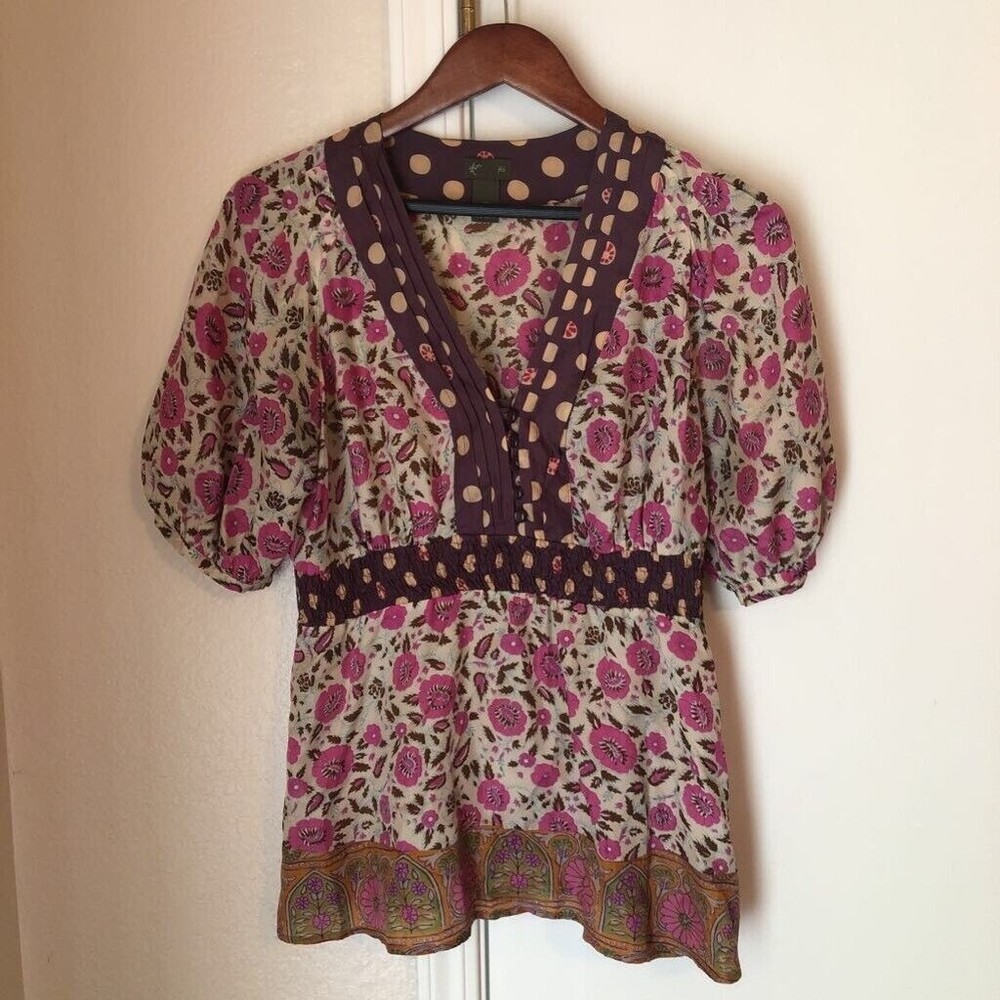 Fei Womens Blouse Multicolor Floral Half Sleeve V Neck Smocked 100% Silk 10